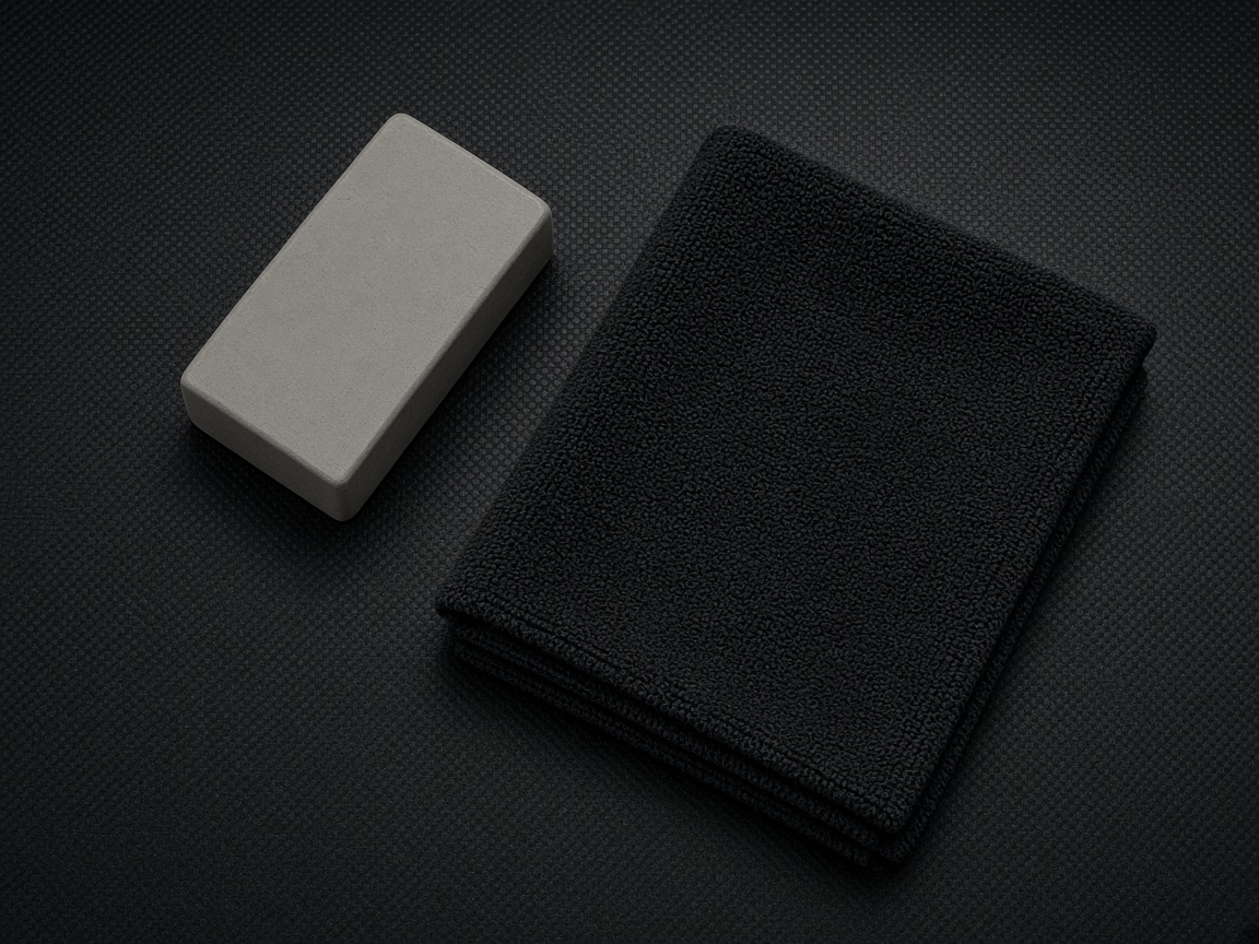 A clay bar and a folded towel on a dark bench.