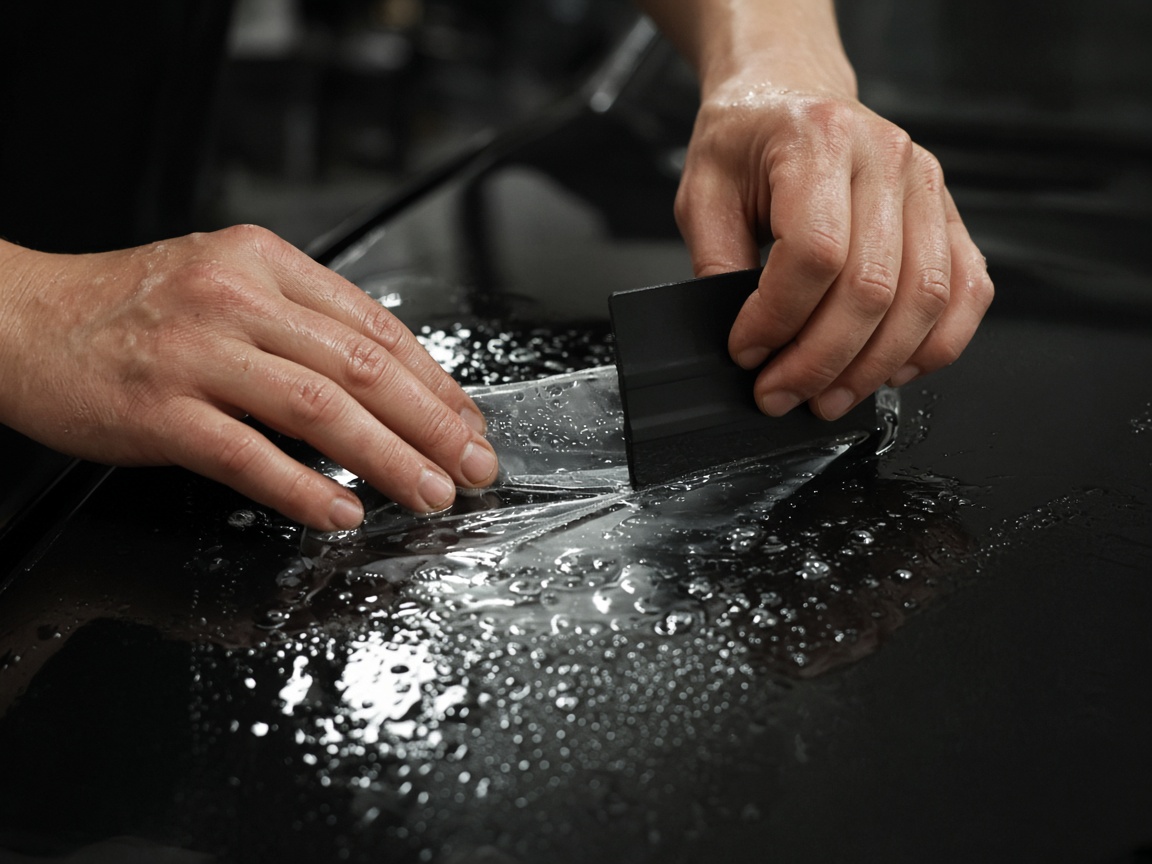 Hands smoothing clear protection film onto black paint.