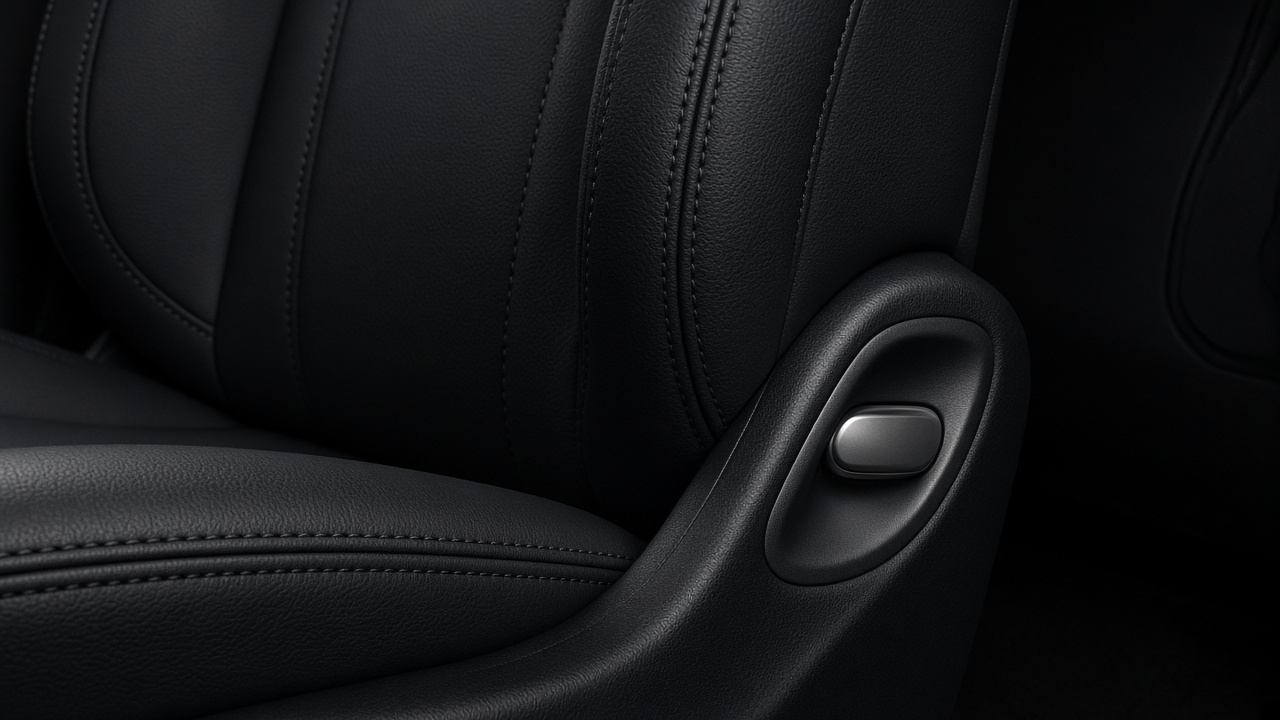 Black leather seat stitching in a dark cabin.