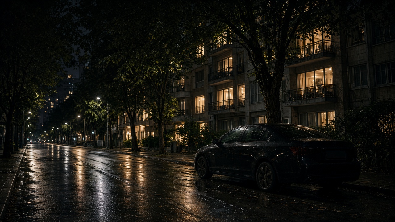 An unbranded dark car on a city street at night.