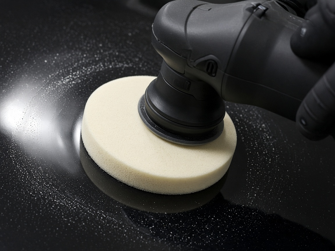 A polishing pad on dark paint.