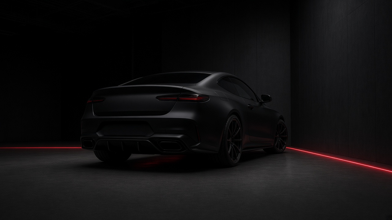 A dark studio bay with an unbranded car and a thin crimson light line.