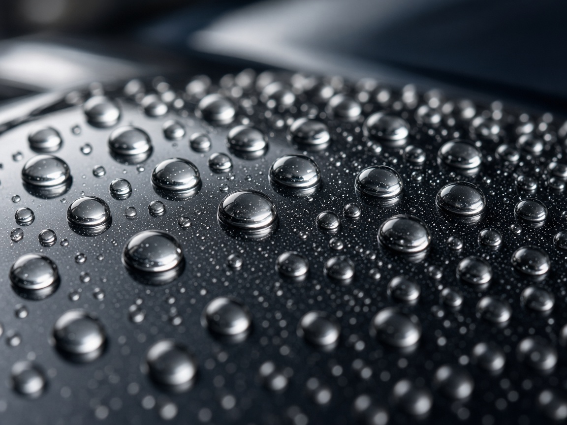 Tight water beads on dark coated paint.